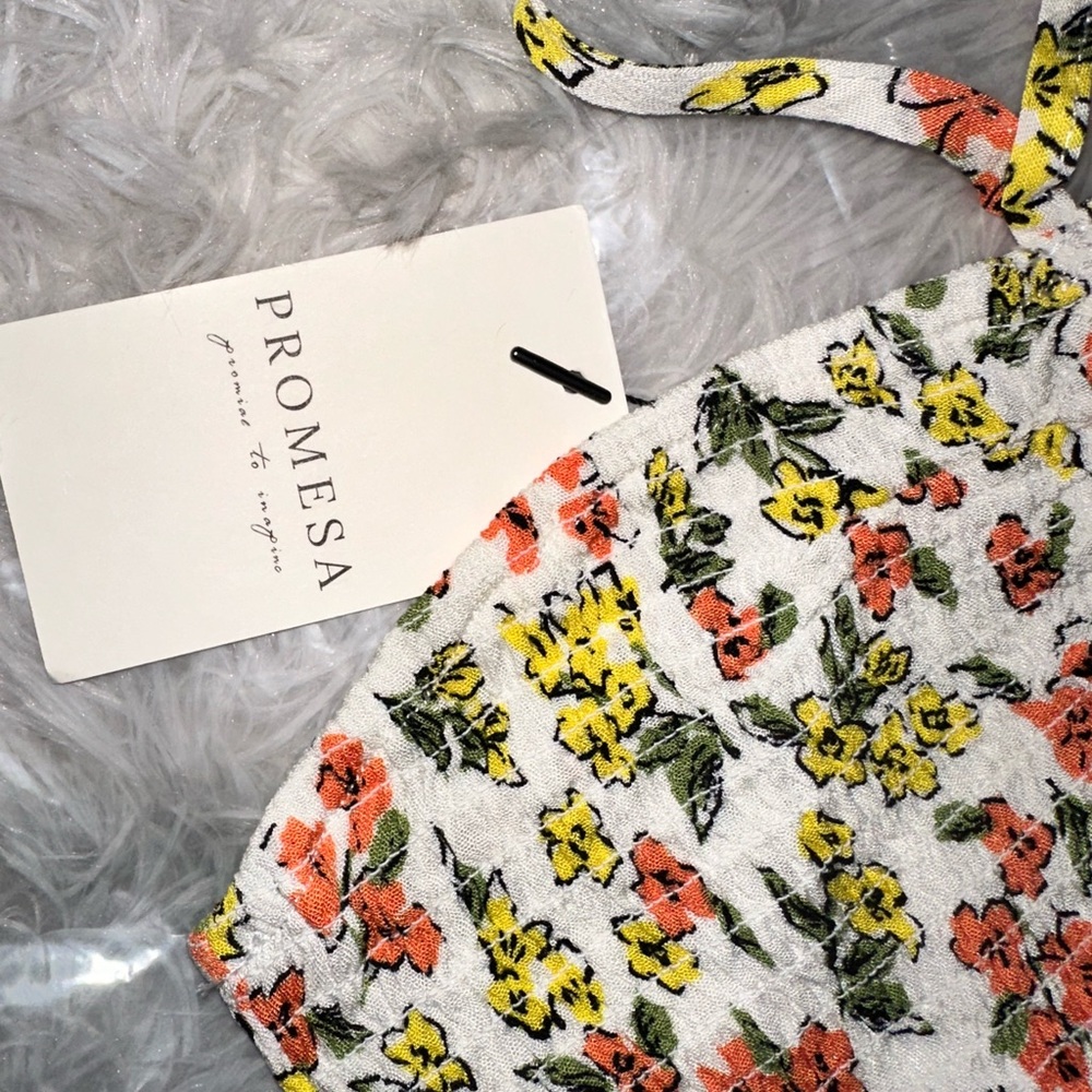Promesa Smocked Floral Halter Crop Top - White with Yellow Green & Coral - NWT - Picture 2 of 5